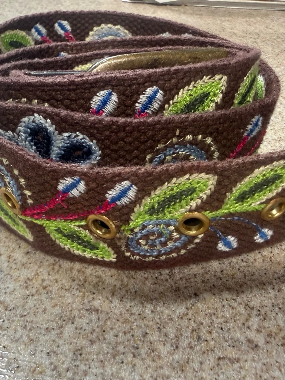 Embroidered Brown Floral Belt with Brass Eyelets